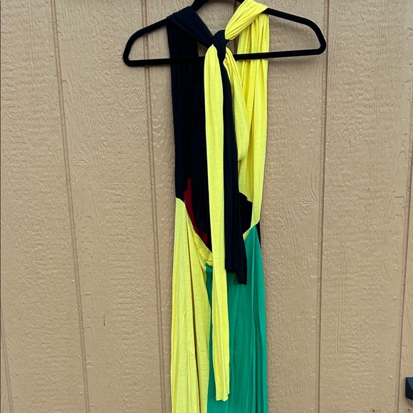 Black, Green, Yellow and Red, Backless, Deep V Maxi Dress. Large - Picture 11 of 16